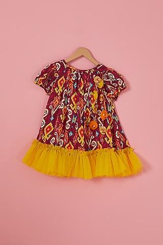 wine & yellow net printed & embellished frilled dress for girls