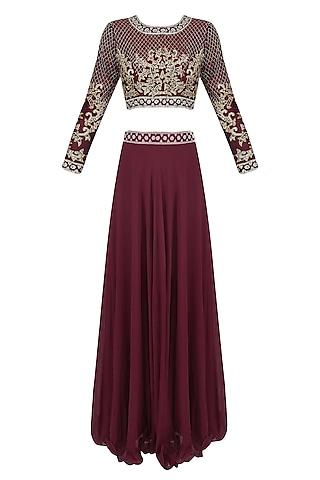 wine and gold embroidered crop top and lehenga skirt set