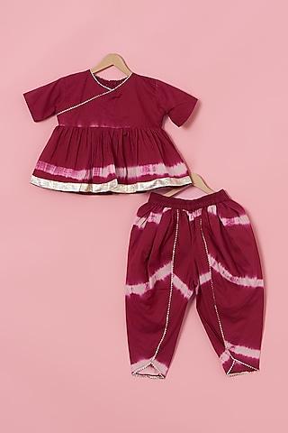 wine cotton tie-dye printed dhoti set for girls