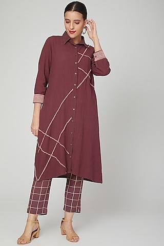 wine embroidered shirt with pants for girls