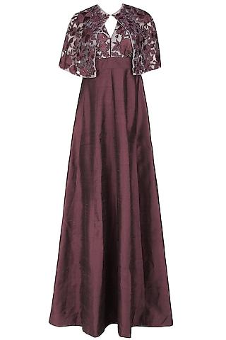 wine halter neck gown  and floral embroidered sheer cape set