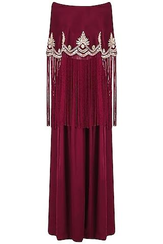 wine off-shoulder embroidered cape with pants set