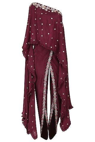 wine one shoulder embroidered cape with dhoti pants set