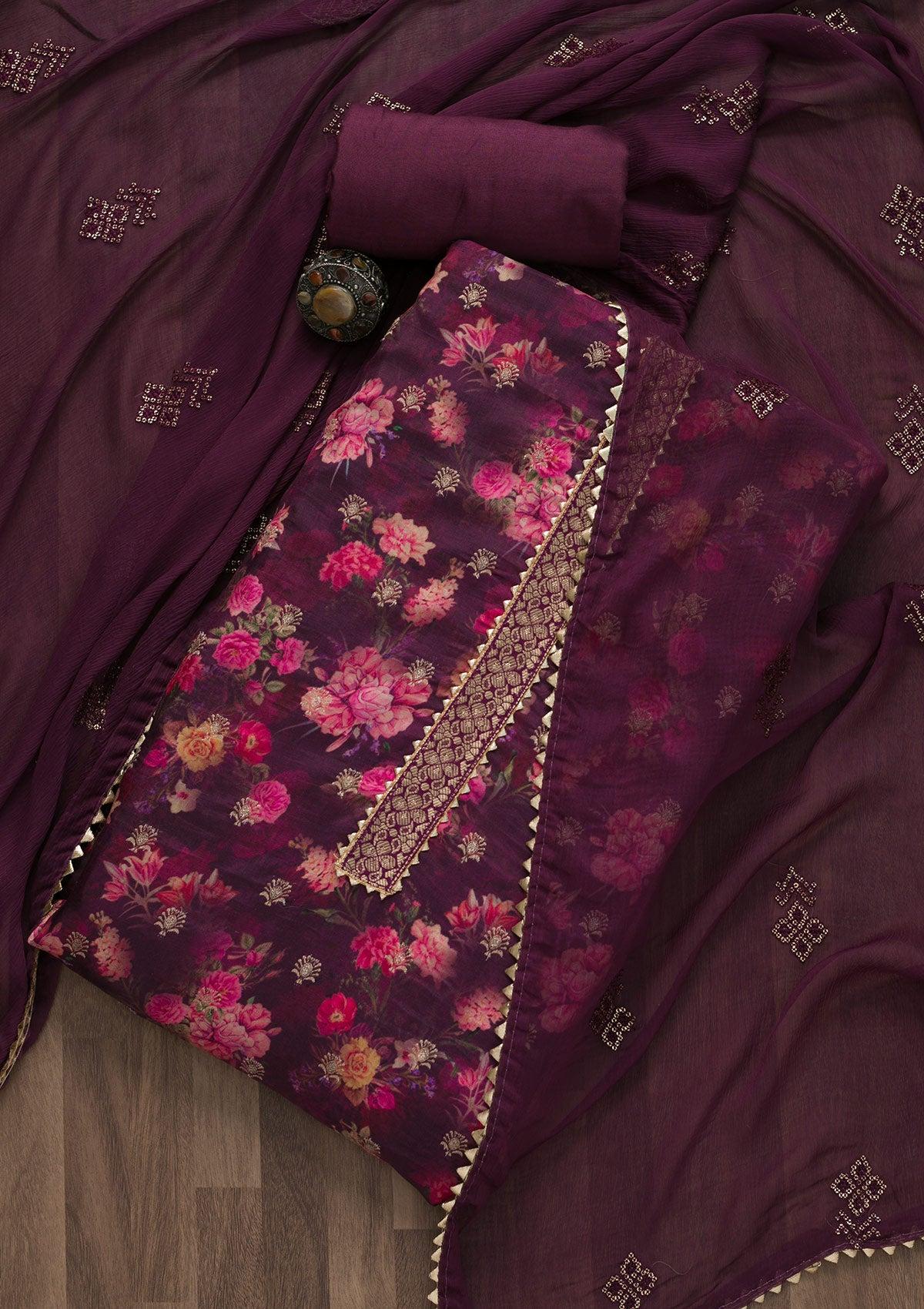 wine printed soft silk unstitched salwar suit