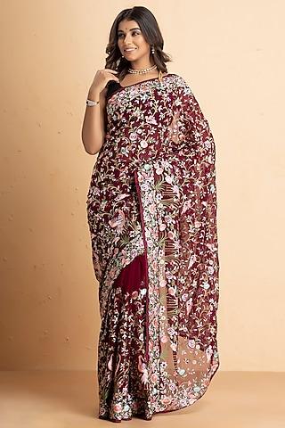 wine pure georgette floral jaal embroidered saree set