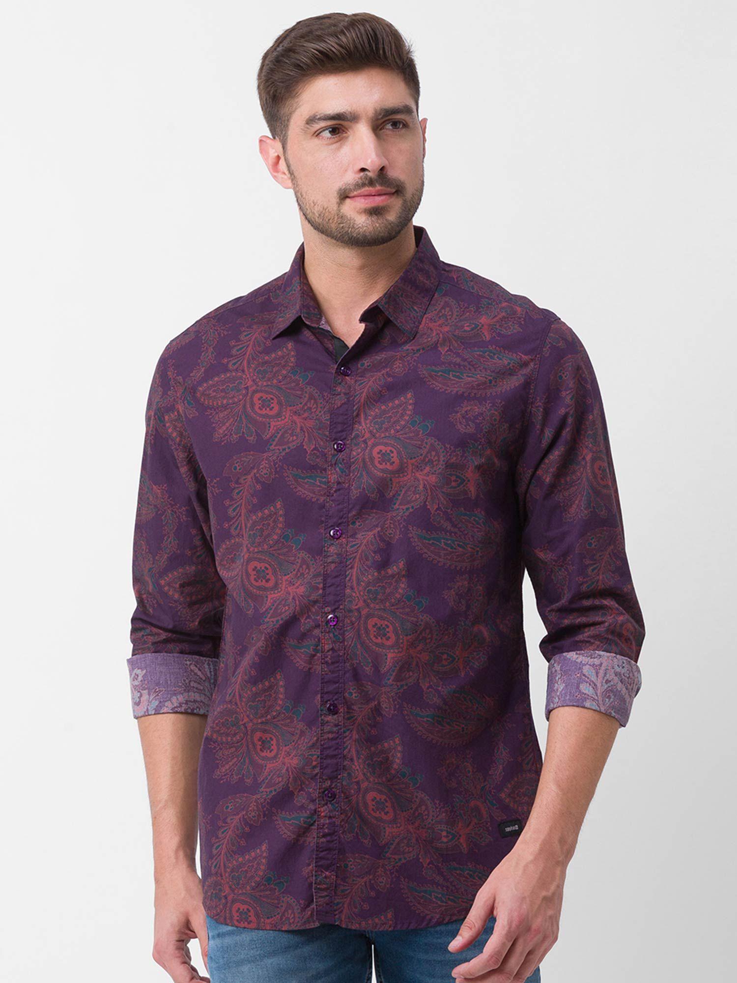 wine red cotton full sleeve printed shirt for men