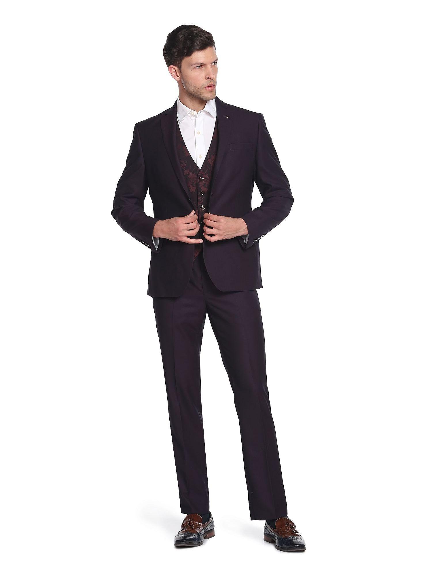 wine reversible waistcoat self design suit (set of 3)