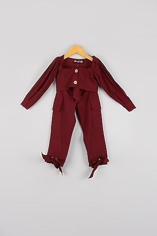 wine roko twill cotton co-ord set for girls