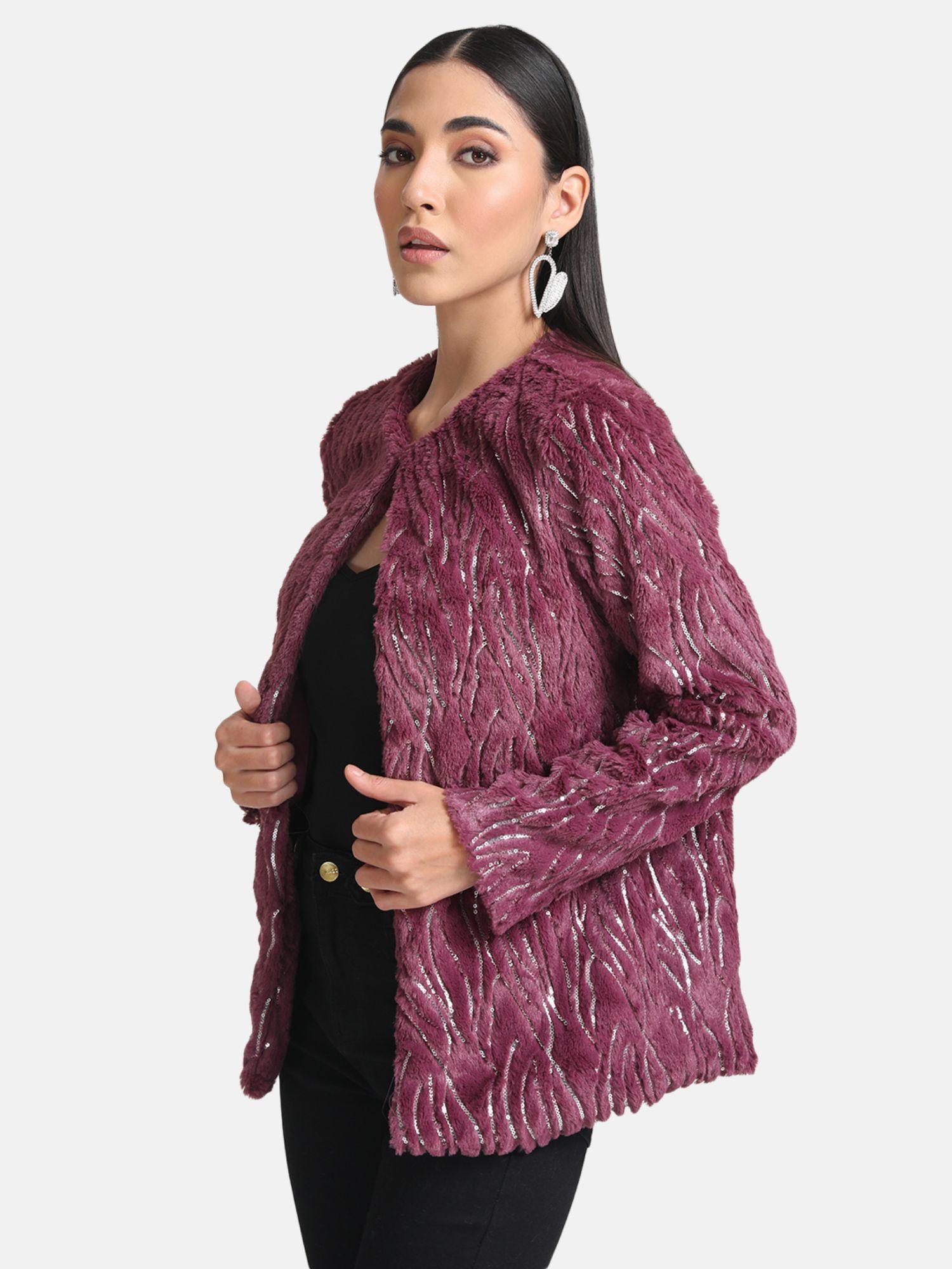 wine sequin fur jacket