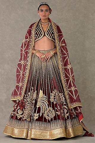 wine silk velvet sitara & motif embellished lehenga set