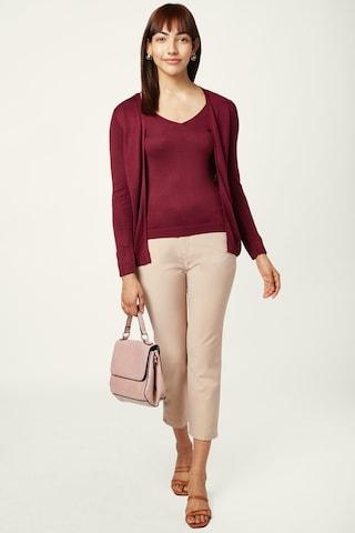 wine solid casual 3/4th sleeves v neck women slim fit cardigan