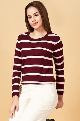 wine stripe casual full sleeves round neck women regular fit sweater