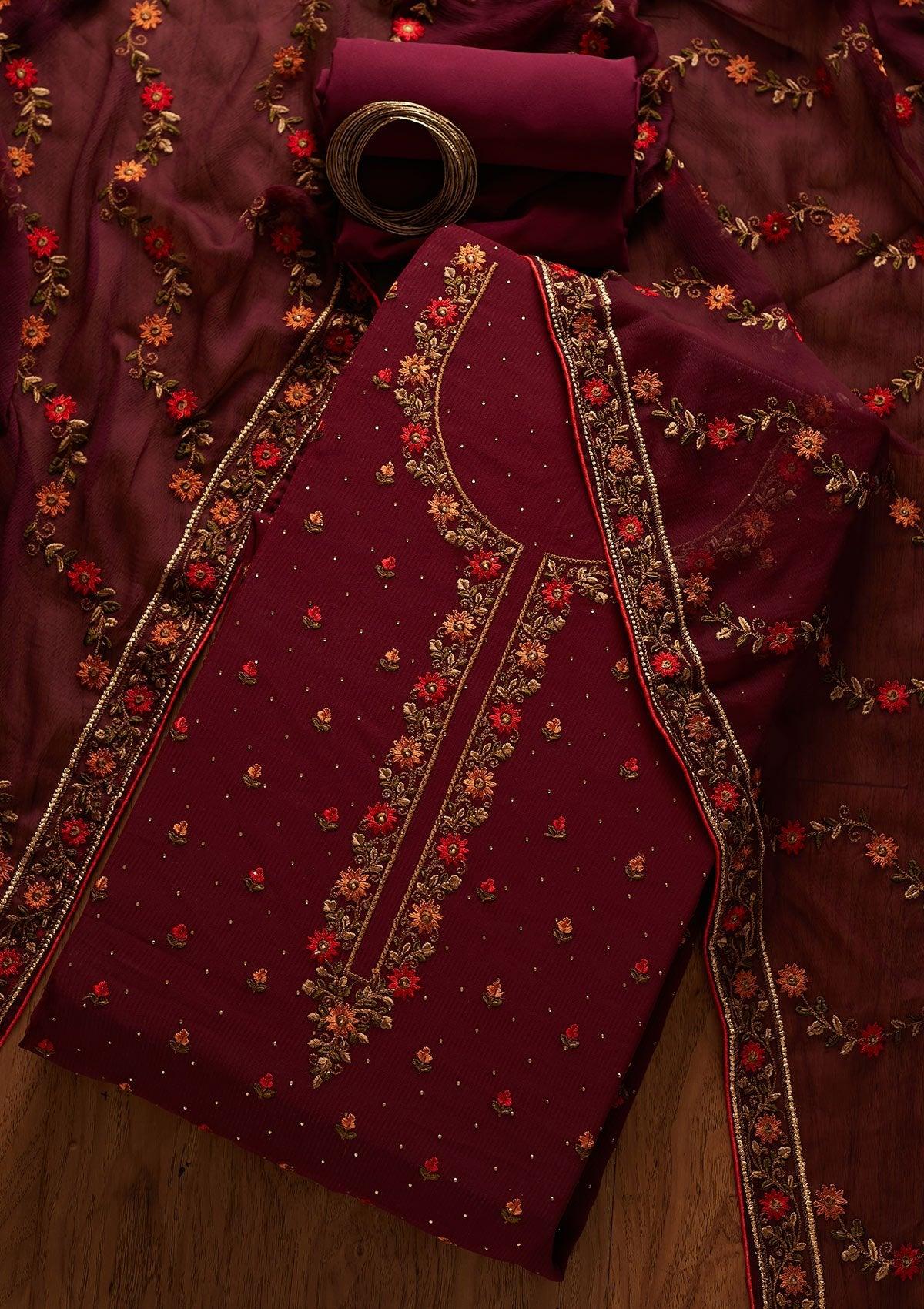 wine threadwork georgette unstitched salwar suit