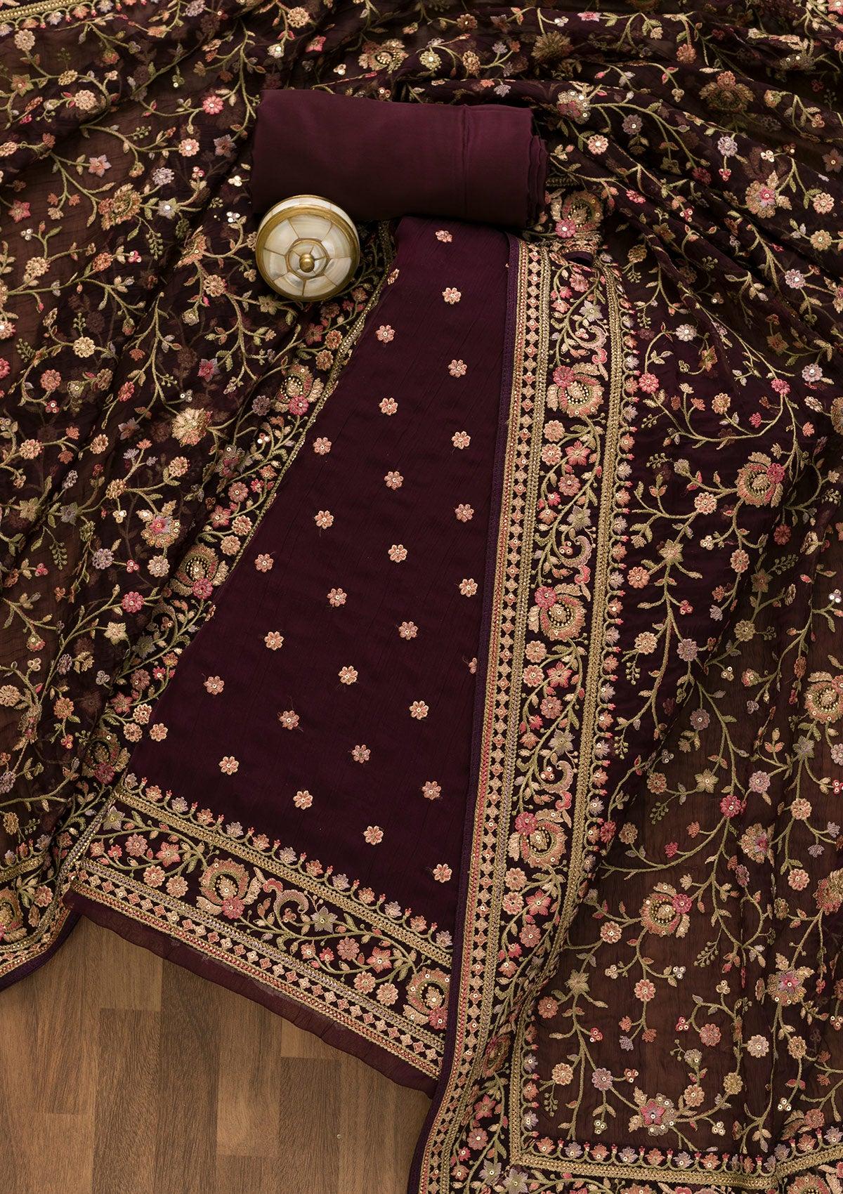 wine threadwork tissue unstitched salwar suit