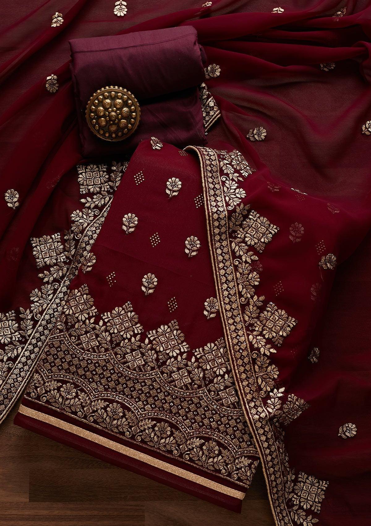 wine zariwork georgette unstitched salwar suit