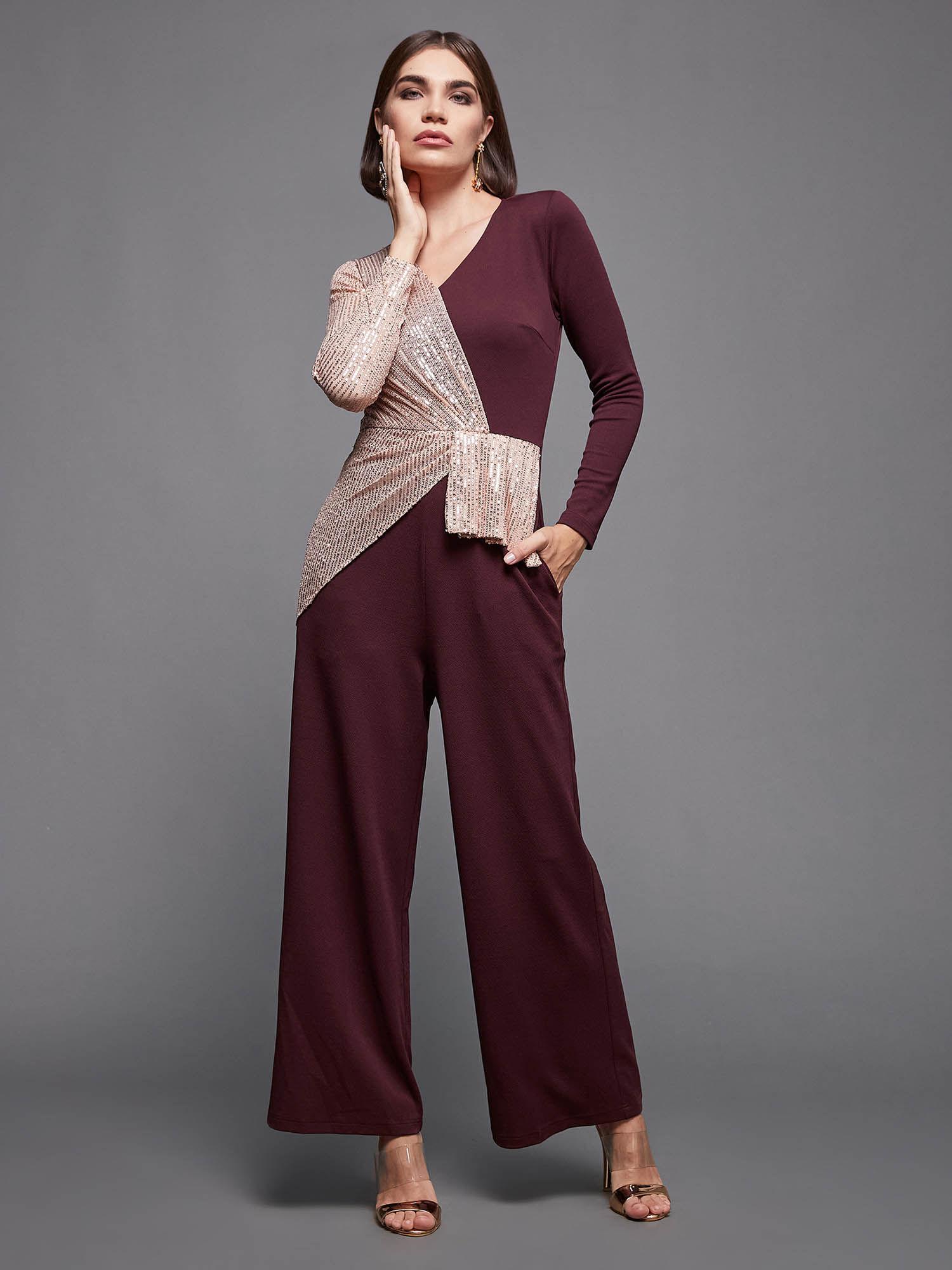 wine & beige v-neck full sleeve embellished asymmetric regular jumpsuit