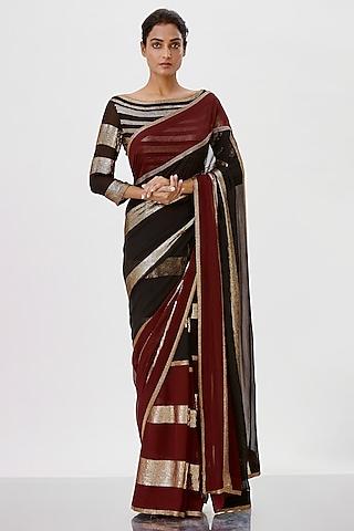 wine & black embroidered saree set