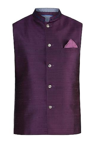 wine & blue raw silk bundi jacket for boys