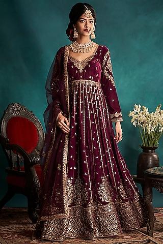 wine & gold embroidered anarkali set