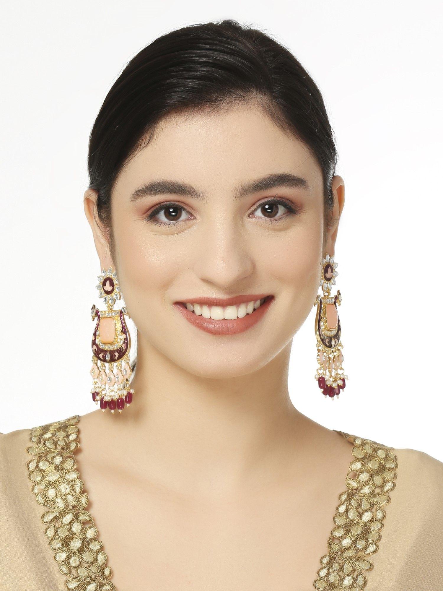 wine & peach meenakari drop earrings - engraved jaipur stones & kundan - peacock