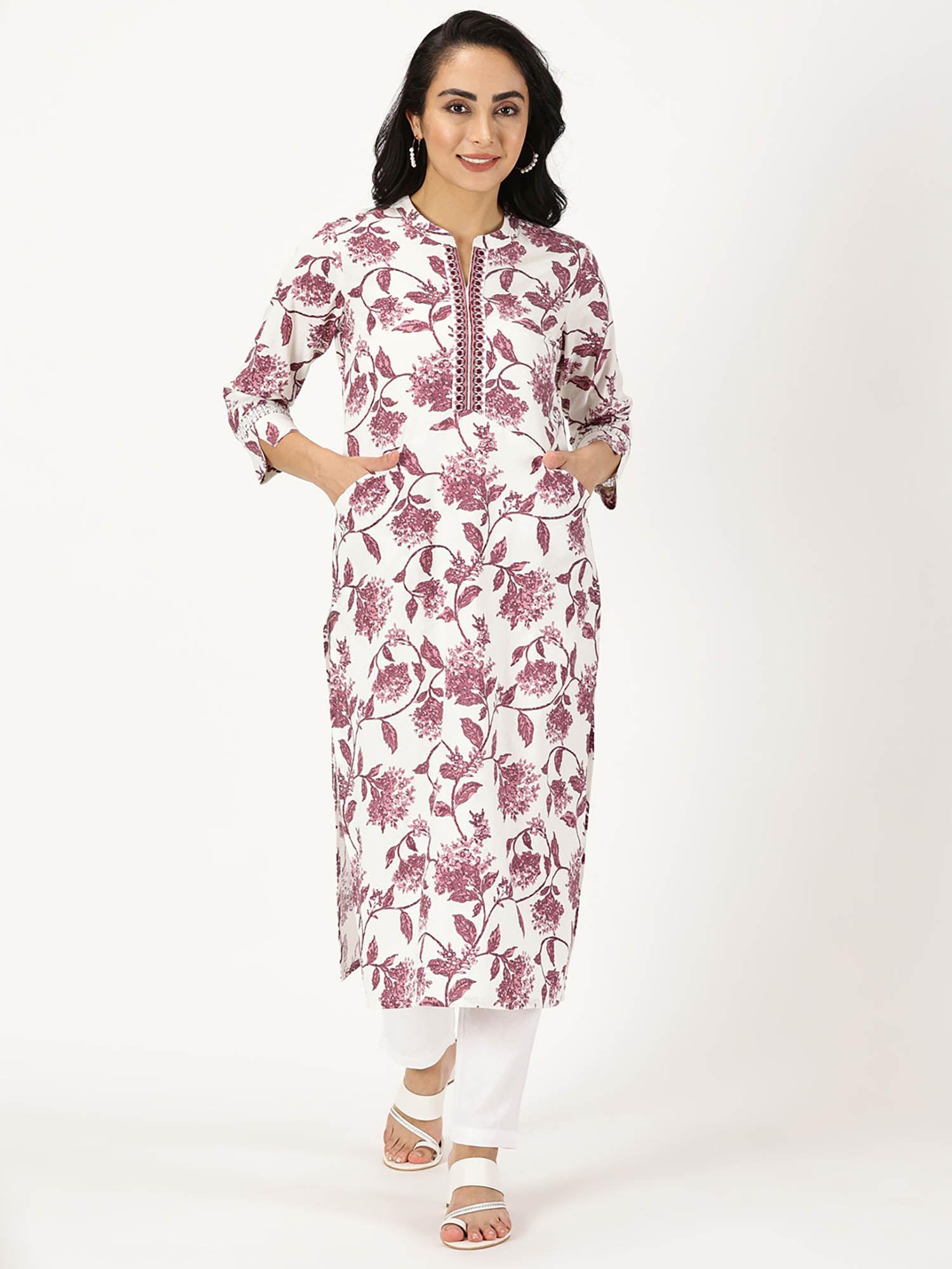 wine & white floral print kurta with neck embroidery