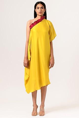 wine & yellow one-shoulder draped dress
