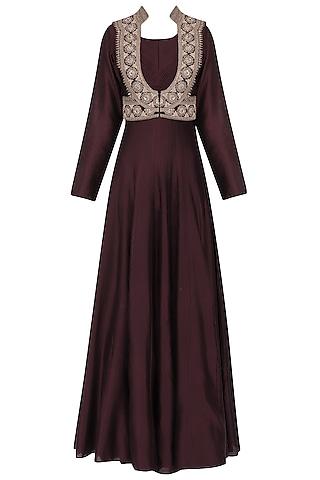wine anarkali gown with embroidered jacket