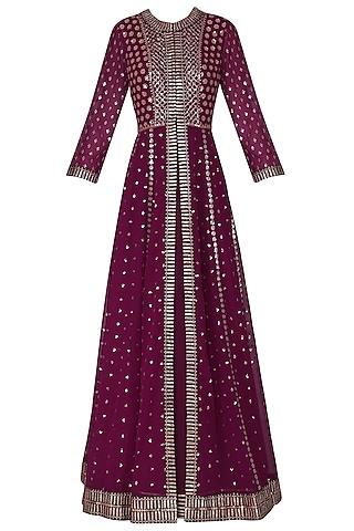 wine anarkali with embroidered jacket and dupatta