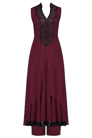 wine and black sequins embroidered double layered kurta set