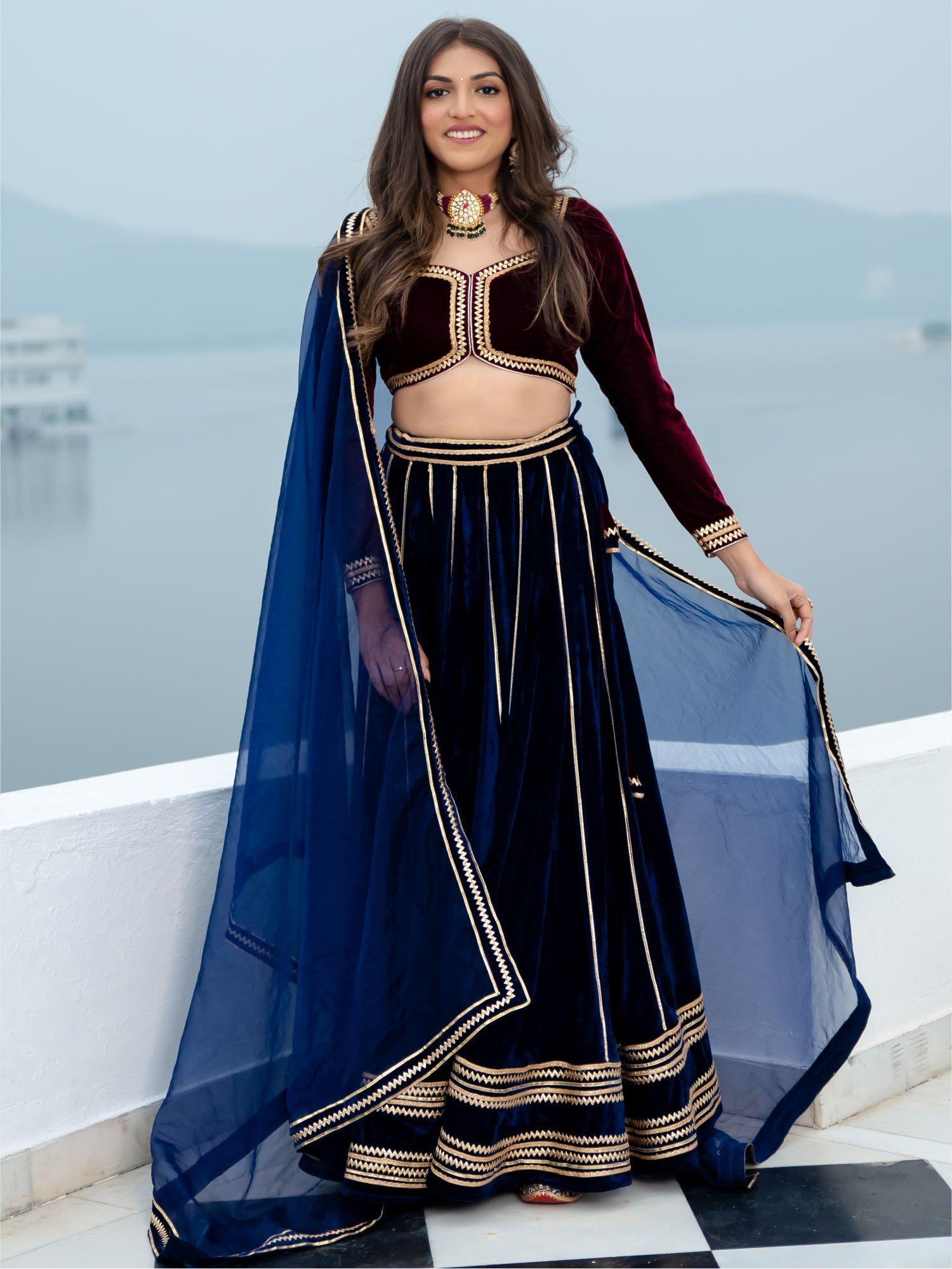 wine and blue velvet lehenga (set of 3)