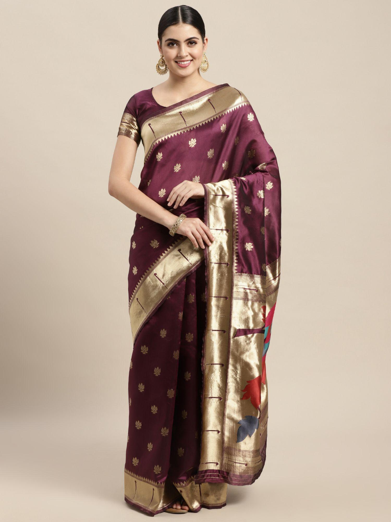 wine and golden ethnic motifs silk saree with unstitched blouse