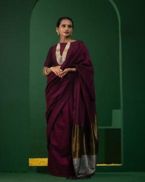 wine and silver bronze cotton zari saree with blouse fabric saree