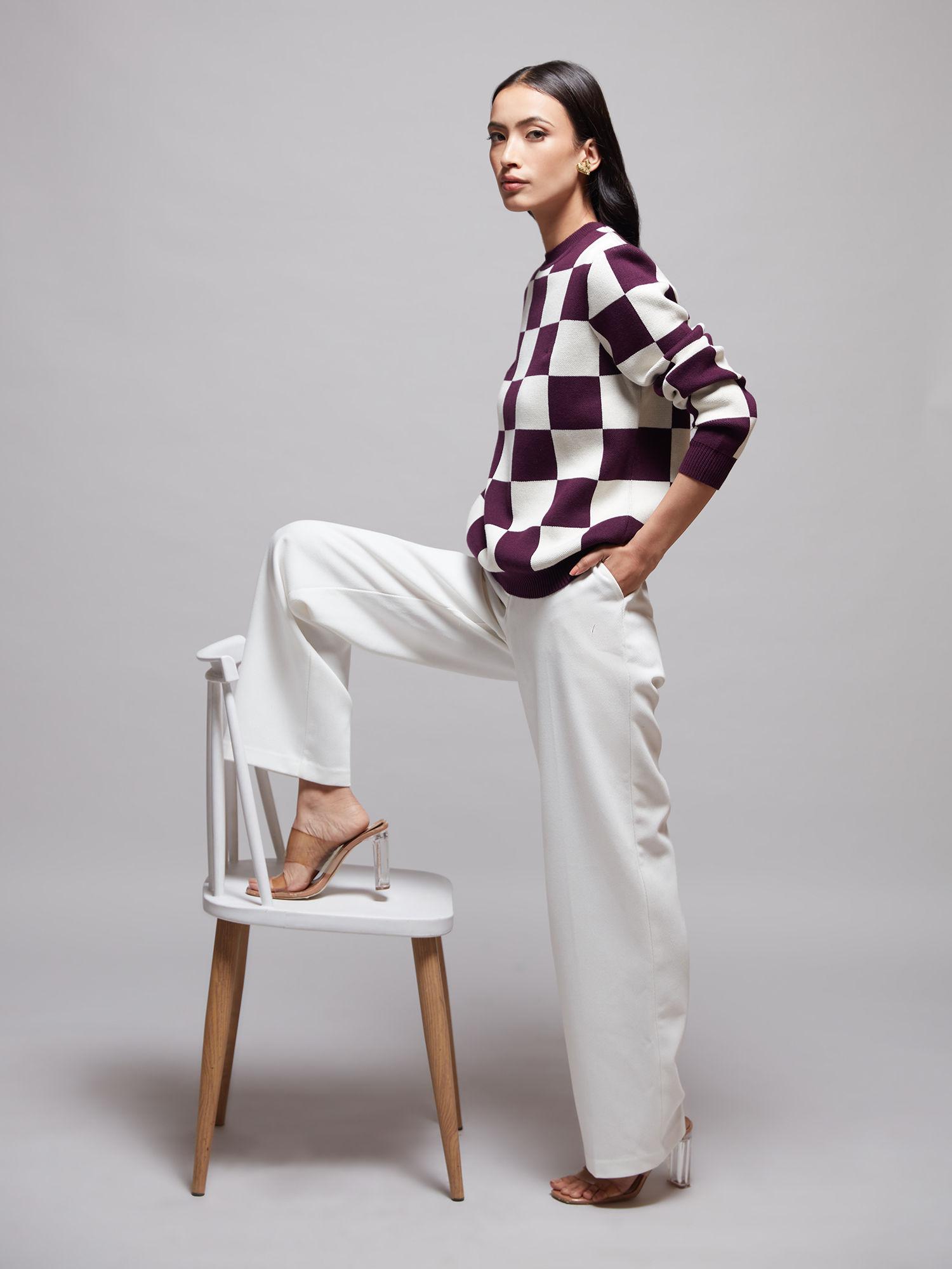 wine and white checked jacquard crew neck sweater