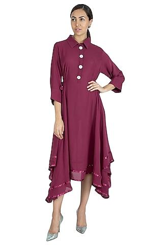 wine asymmetric pleated & embroidered dress