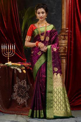 wine banarasi handloom satin silk saree with embroidery work with blouse piece - wine