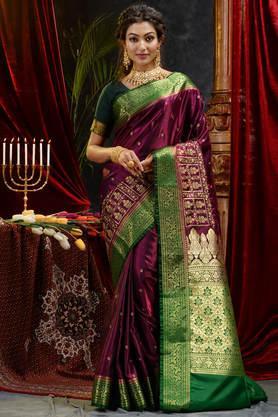 wine banarasi handloom satin silk saree with embroidery work with blouse piece - wine
