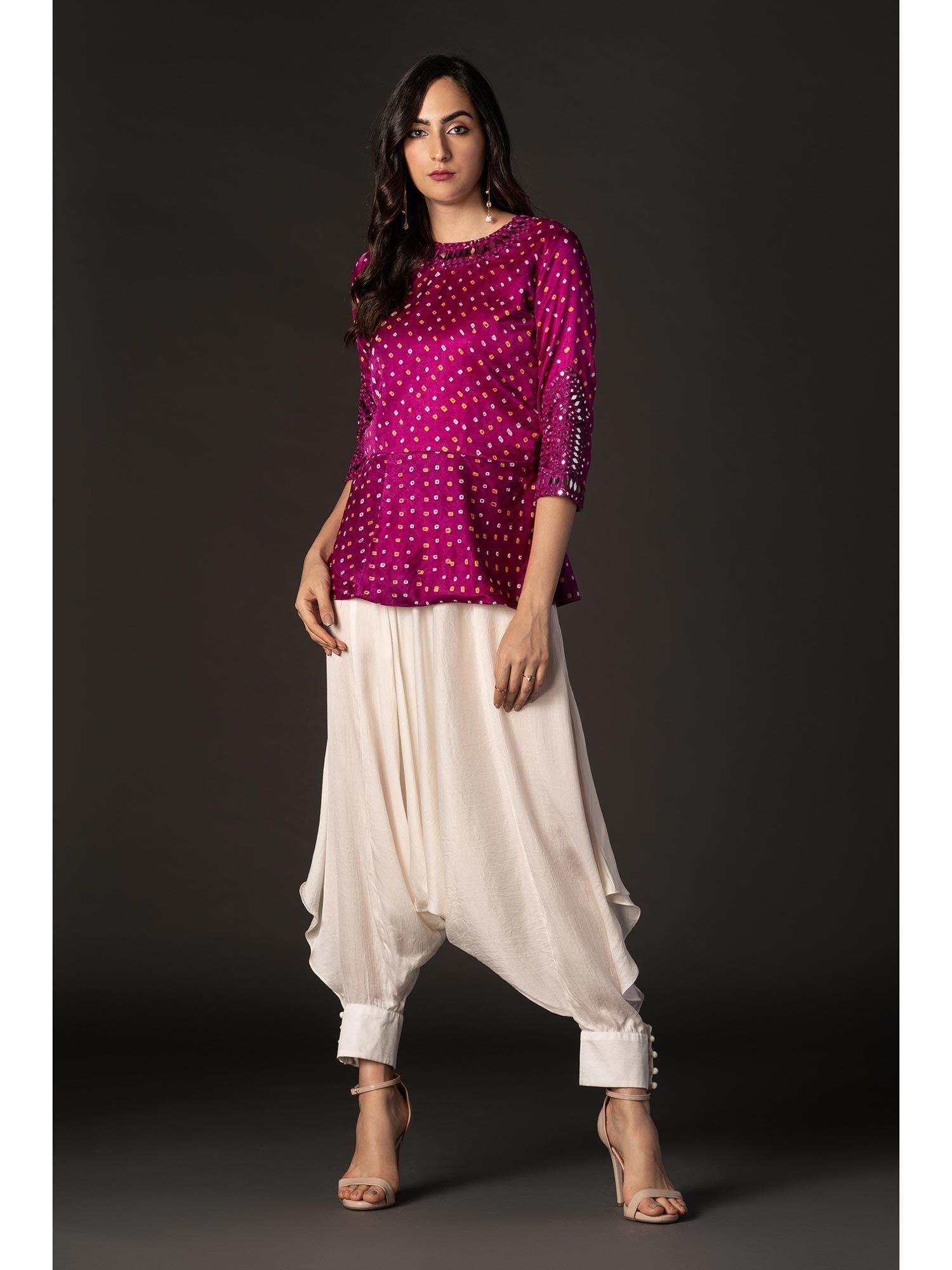 wine bandhani mirrorwork peplum top