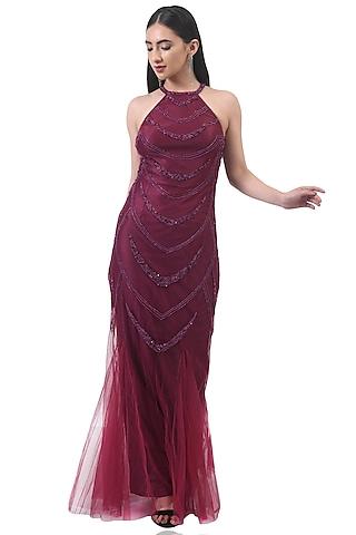 wine beads embellished halter neck gown