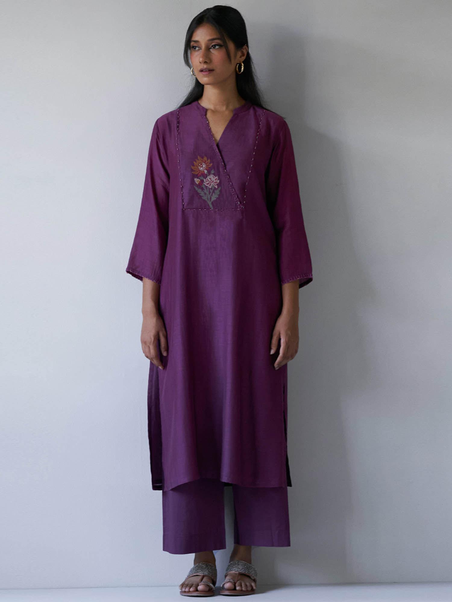 wine bemberg silk embroidered kurta with cotton bottom (set of 2)