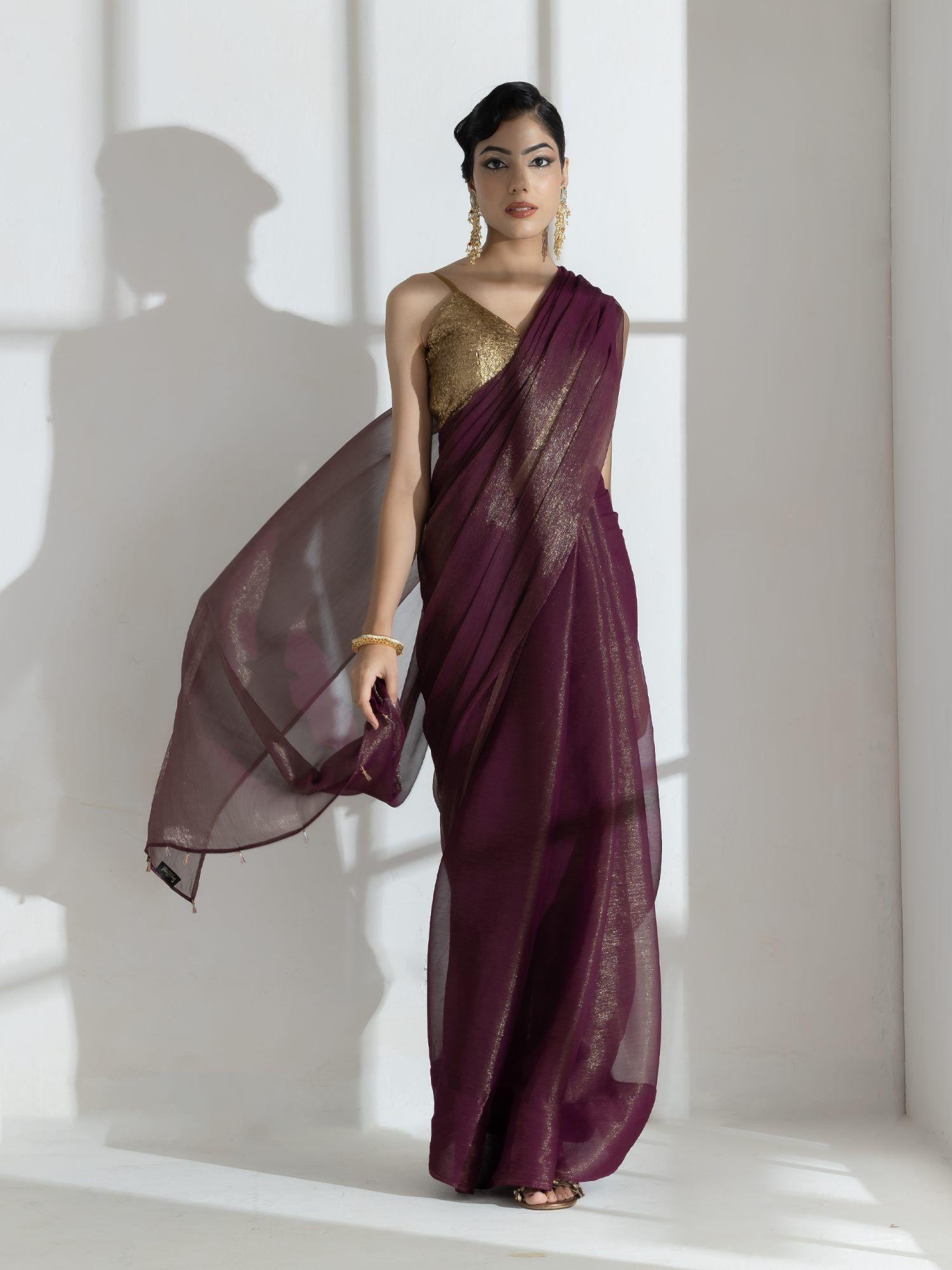 wine berry gold shimmer chiffon saree with beads and unstitched blouse