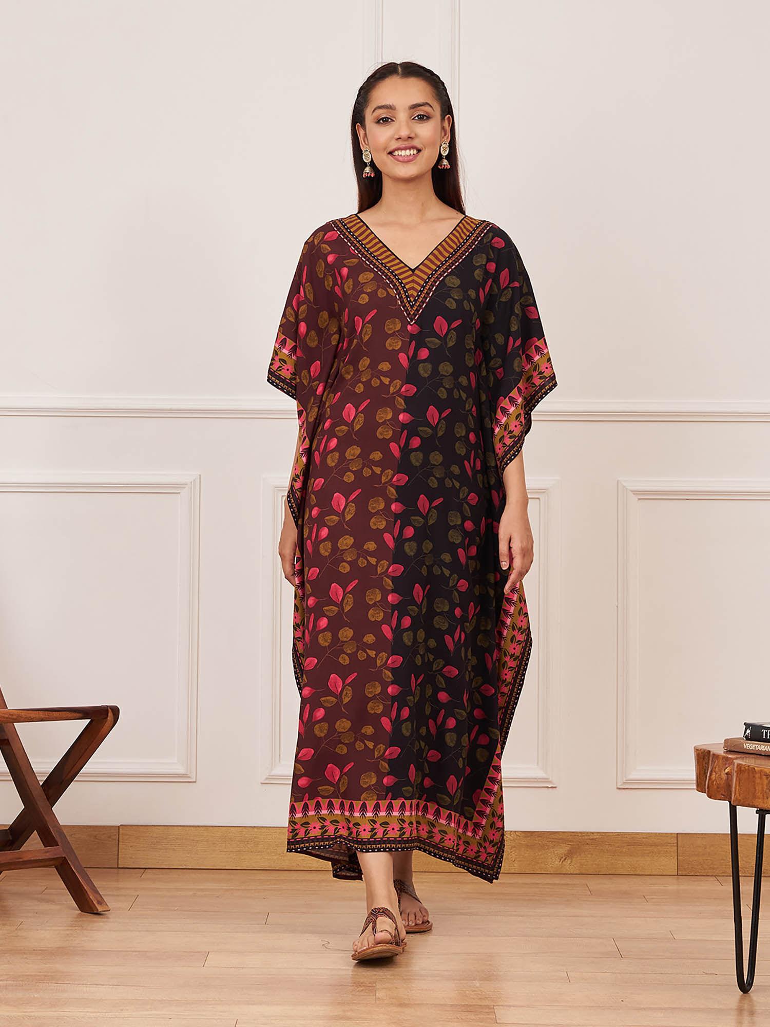 wine black half & half leaf print kaftan dress