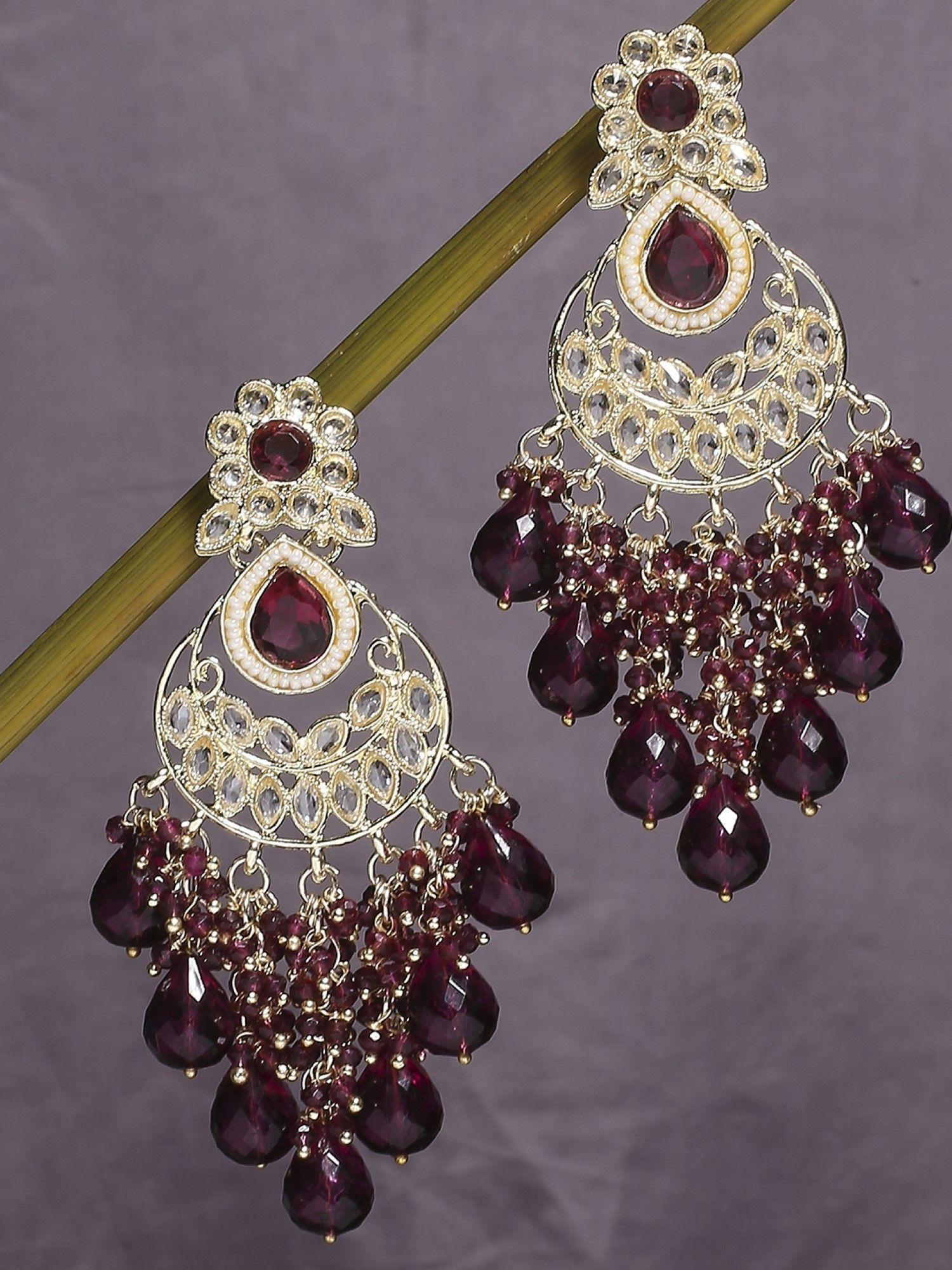 wine burgundy maroon beads and kundan ethnic drop earrings