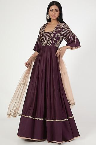 wine chanderi & tulle anarkali set