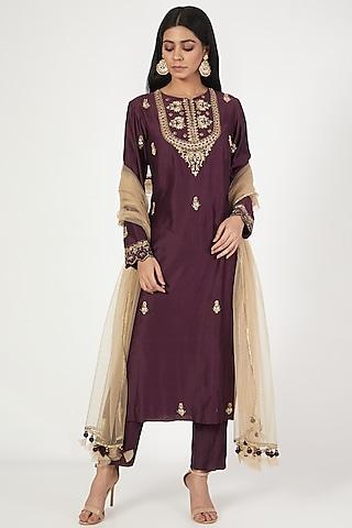 wine chanderi & tulle embellished kurta set