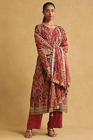 wine chanderi botanical printed kurta set