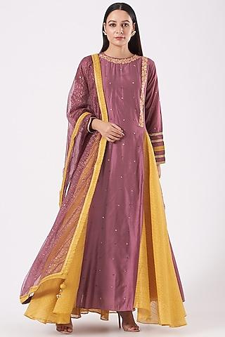 wine chanderi embroidered anarkali set