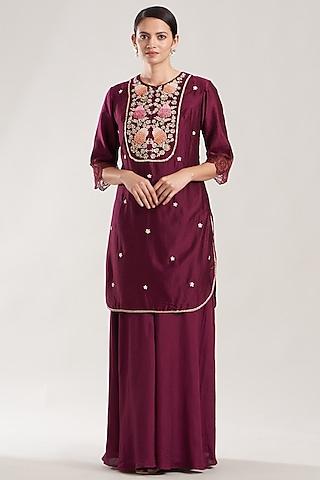 wine chanderi kurta set