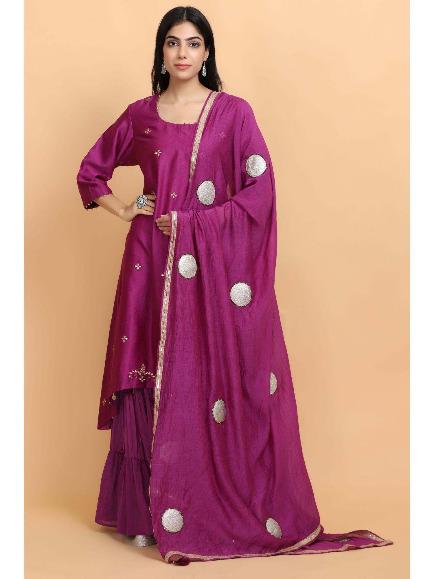 wine chanderi kurta sharara with dupatta (set of 3)