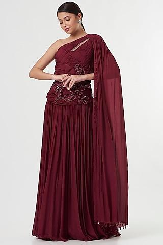 wine chiffon & net gown with belt