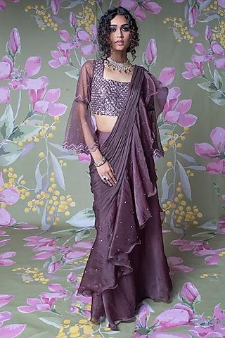 wine chiffon organza draped saree set